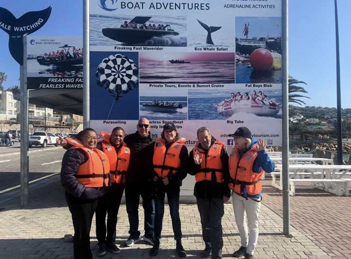 Guests in life jackets before a whale-watching trip from Mossel Bay harbour